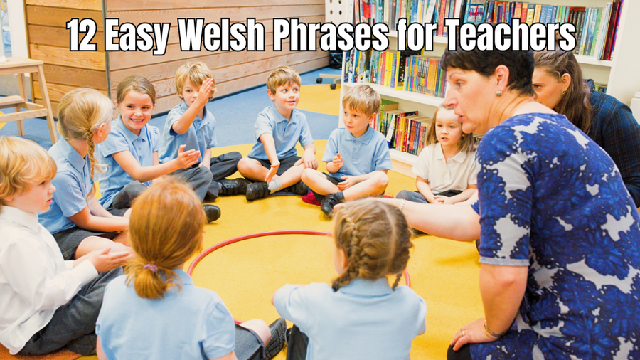 Teacher speaking to pupils in a classroom while using Welsh phrases.