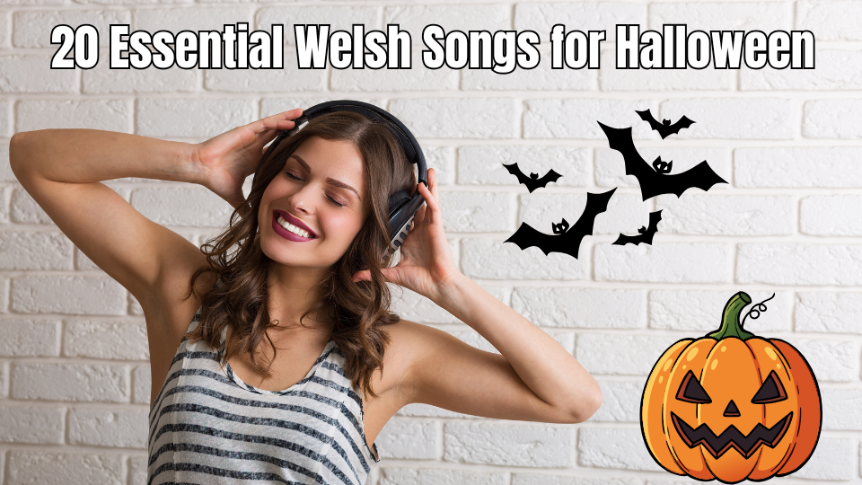 Woman listening to music beside Halloween bats and a carved pumpkin.