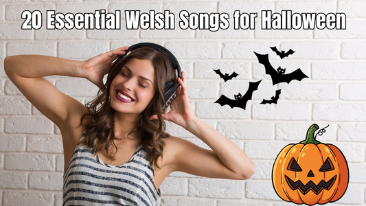 Woman listening to music beside Halloween bats and a carved pumpkin.