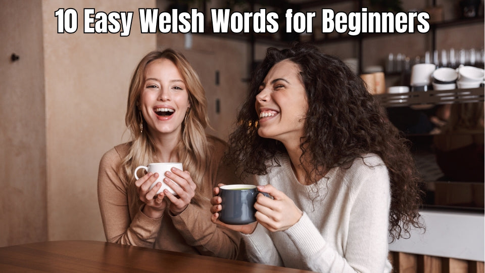 Friends sharing coffee while learning easy Welsh words.