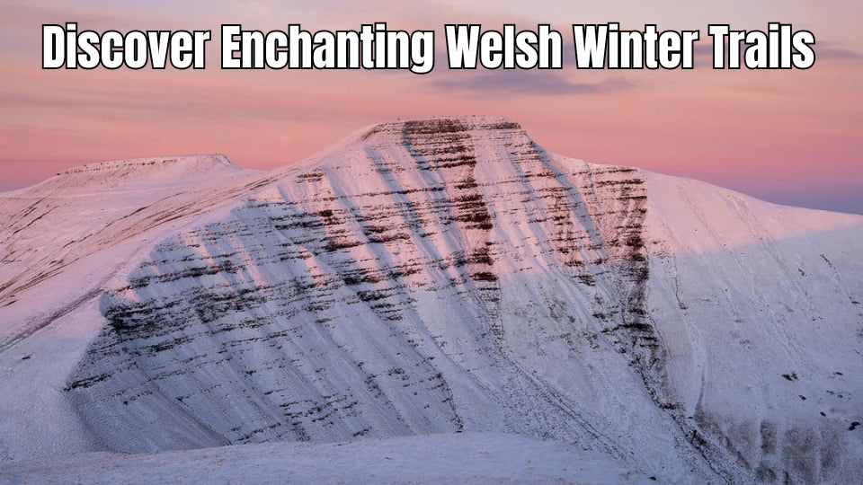 Snow-covered Welsh landscape for a guide to winter walking trails.