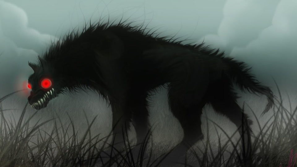 A spectral black dog representing the Gwyllgi of Welsh folklore.