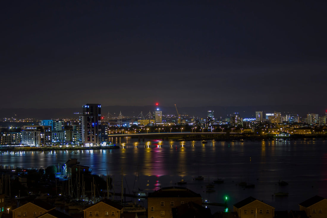 Cardiff skyline and Cardiff Bay illuminated at night