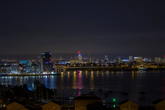 Cardiff skyline and Cardiff Bay illuminated at night