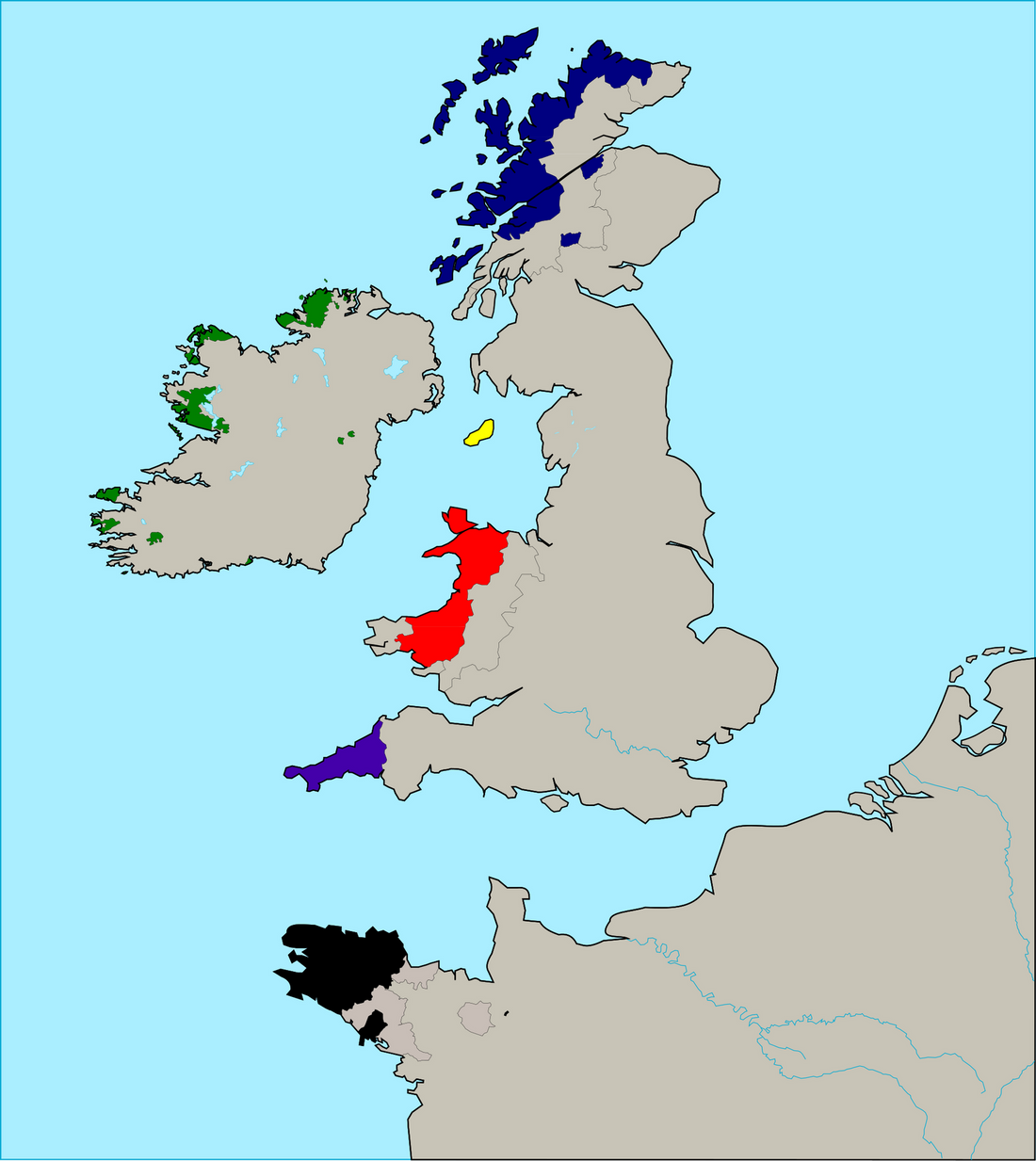 Map showing the approximate distribution of the six living Celtic languages