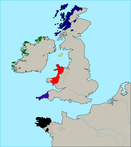 Map showing the approximate distribution of the six living Celtic languages