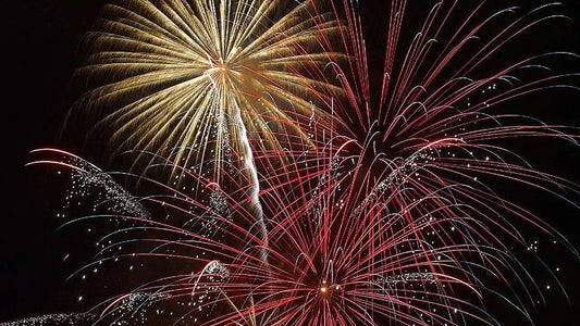 Red, gold and white fireworks bursting against a dark night sky