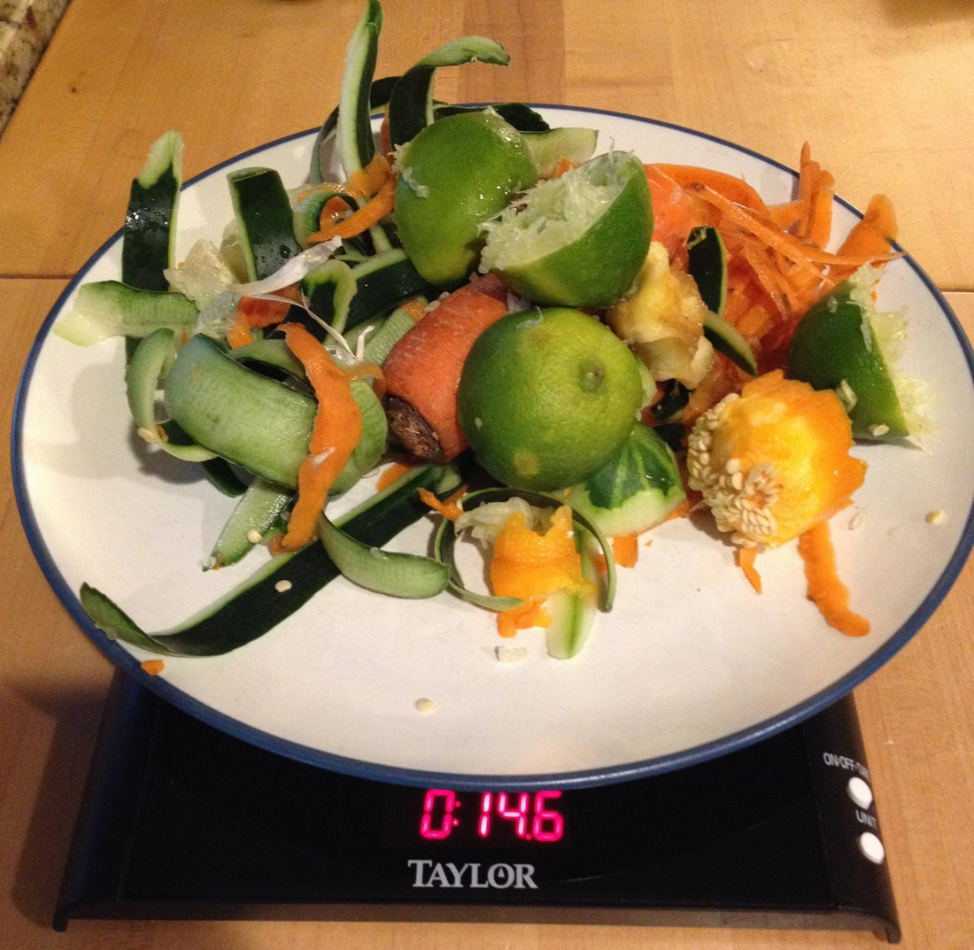 A plate of household food scraps on a weighing scale, illustrating how food waste is measured