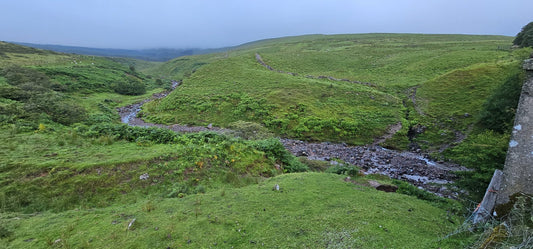Green Welsh valley and stream beneath an evening sky