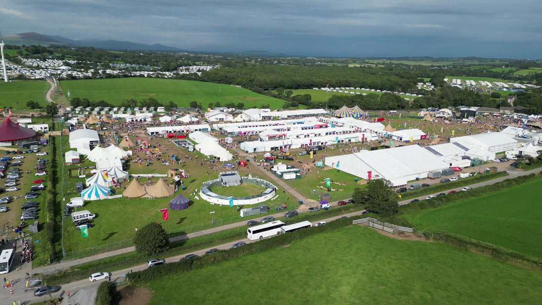 Aerial view showing the scale and temporary layout of a National Eisteddfod Maes