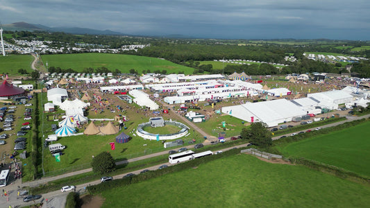 Aerial view showing the scale and temporary layout of a National Eisteddfod Maes