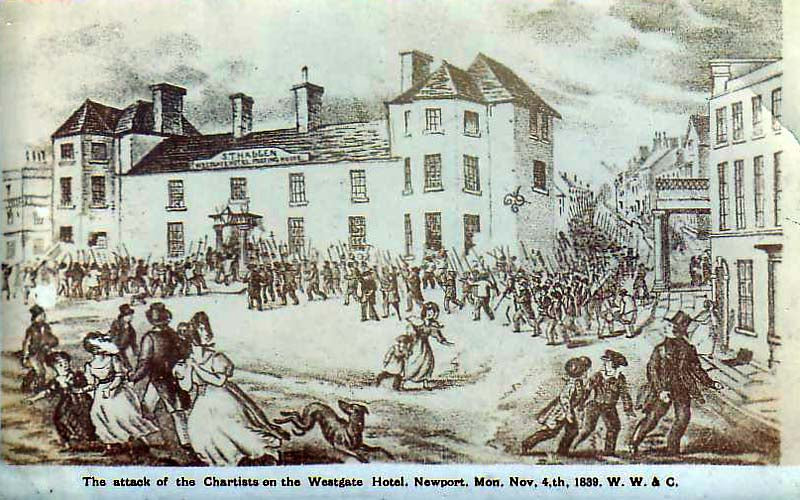 Historic illustration of the Chartist attack on Newport's Westgate Hotel