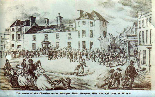 Historic illustration of the Chartist attack on Newport's Westgate Hotel