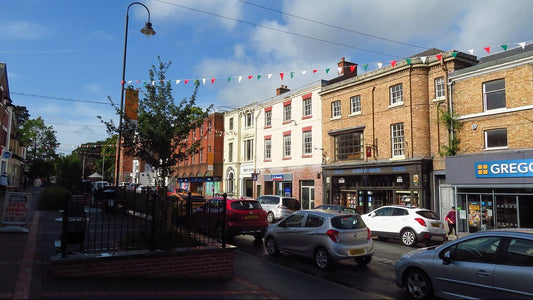 High Street in Newtown, Powys, decorated with bunting