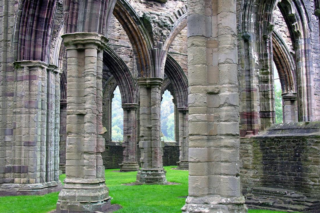 The roofless Gothic ruins of Tintern Abbey in Monmouthshire
