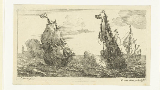 Historic etching of sailing ships exchanging cannon fire at sea