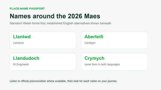 Welsh place names around the 2026 National Eisteddfod shown with their English alternatives.