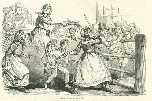 Nineteenth-century newspaper cartoon showing disguised Rebecca Rioters at a tollgate