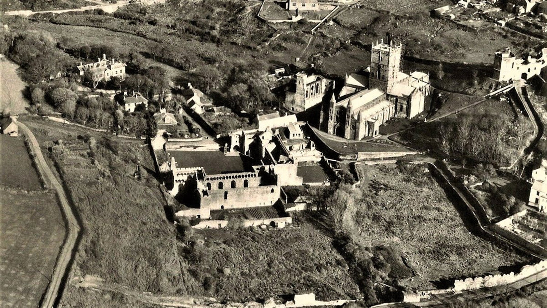 A historic aerial view of St Davids Cathedral and the small city around it