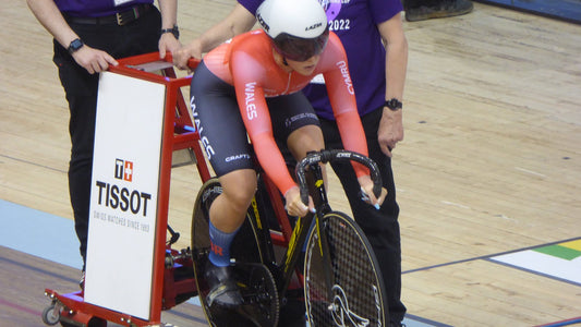 Welsh track cyclist Emma Finucane before the women's 500 m time trial in Glasgow in 2022.