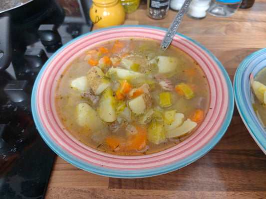 A bowl of homemade Welsh cawl prepared for Saint David's Day