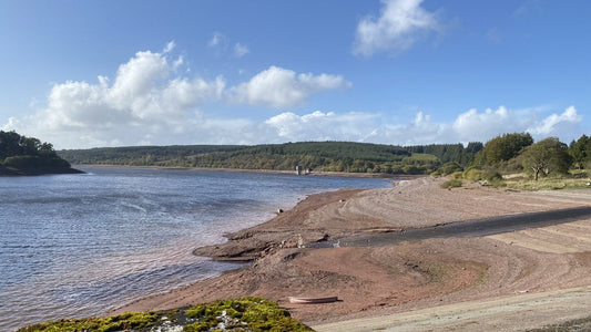 Low water and exposed banks at Usk Reservoir after drought