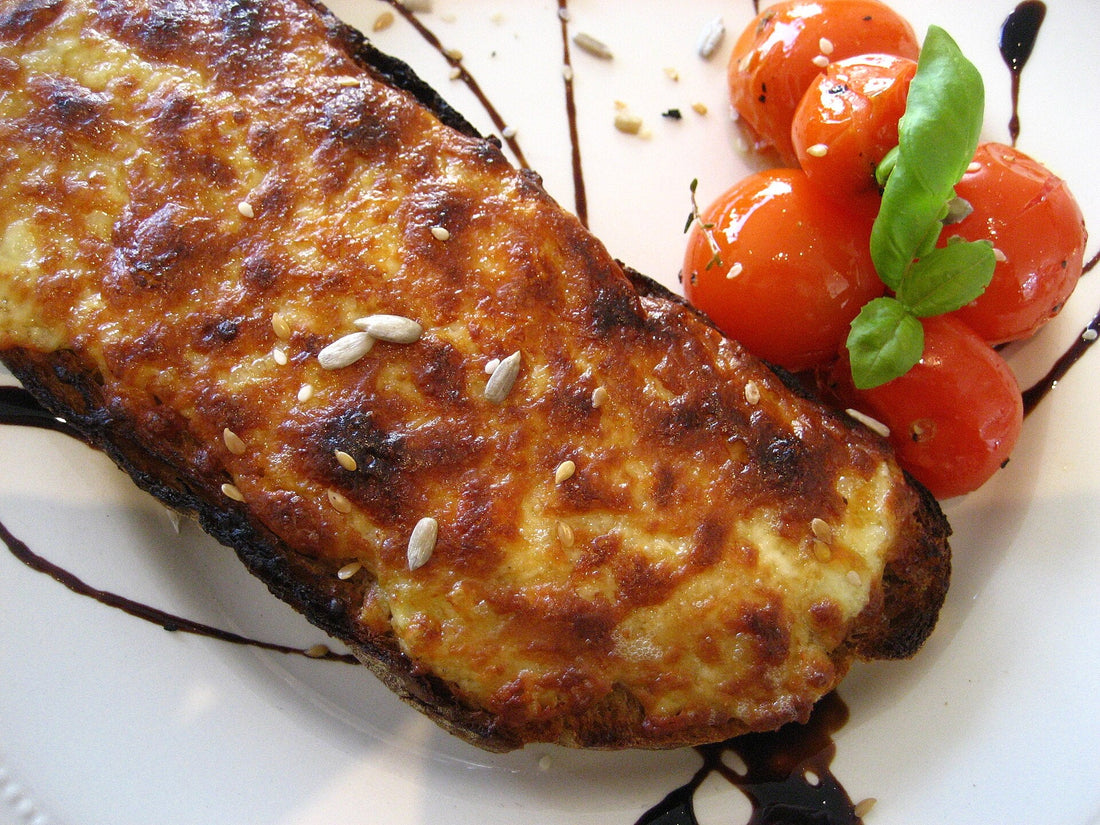 Welsh rarebit with a browned cheese topping served on toast