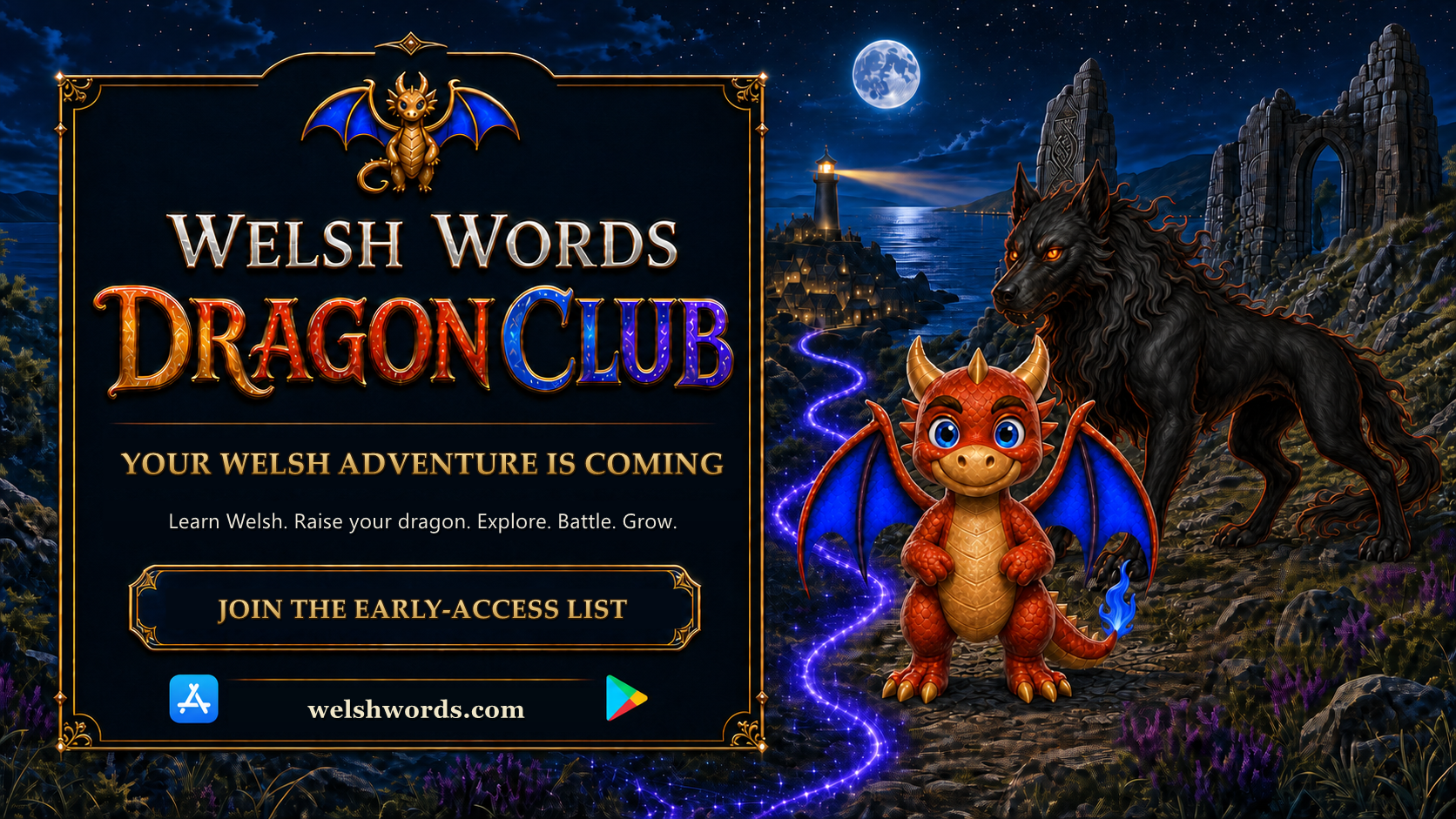 Welsh Words Dragon Club artwork showing The Dragon, the Welsh Words red dragon mascot, facing the Gwyllgi on a moonlit Welsh adventure.